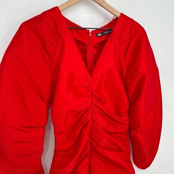 ZARA Draped Ruched V-Neck Mini Dress Gathered Puff Sleeve in Red Women's XS - Picture 4 of 11